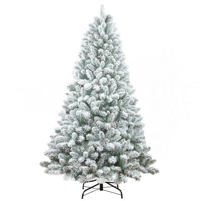 Arbre de Noël enneigé 5 pi avec pommes de pin - Arbre de Noël artificiel enneigé en PVC, 600 pointes, 27 pommes de pin naturelles, support en métal robuste, pleine forme pour la décoration saisonnière