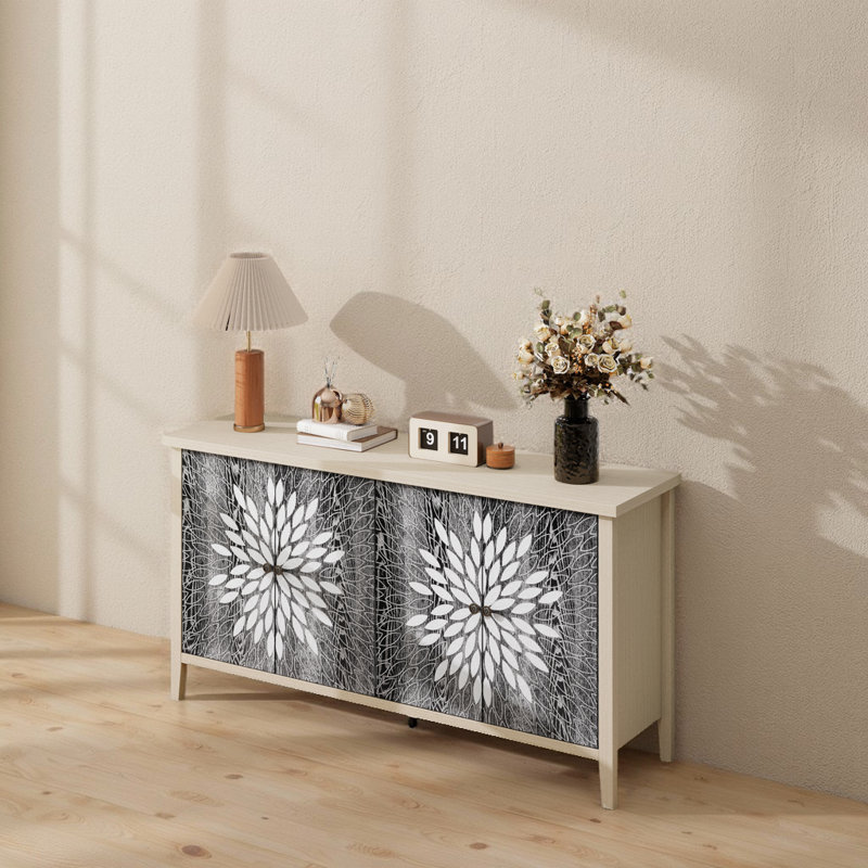 4-door Sideboard With Adjustable Shelves And Exquisite Creative Carving, Black/Natural