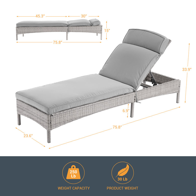 Patio Reclining Chair Rattan Single Lounge Water-Repellent Cushion Adjustable Chaise Suiting for Yard, Poolside and Beach, Gray