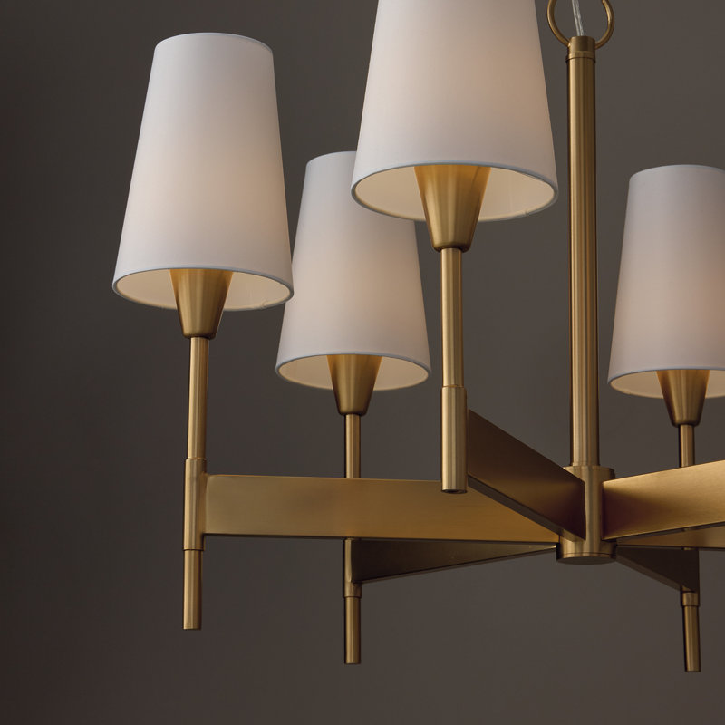 32" W x 22.75" H 6-Light Chandelier in Aged Brass with White Fabric Shades and Designer Canopy, 32"W x 22.75"H, 6