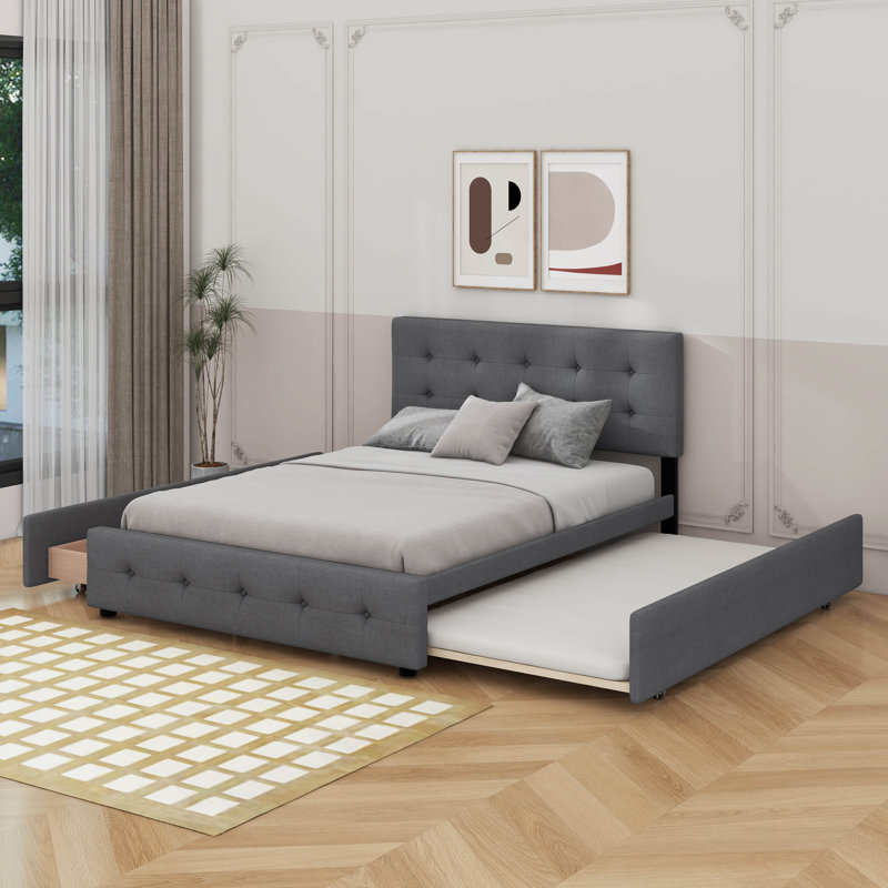 Grand lit plateforme tapissier avec 2 tiroirs et un lit gigogne, Gris foncé