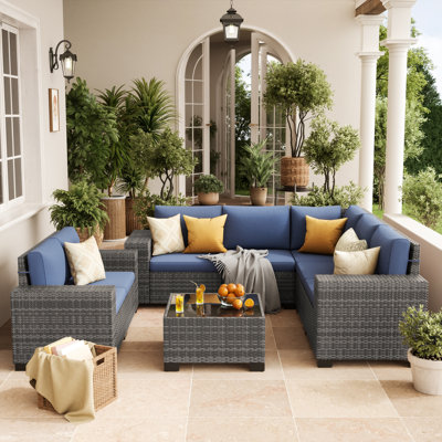 7 - Person Outdoor Rattan Sectional Seating Group With Cushions