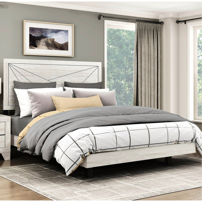 Lit grand format contemporain avec finition en chêne gris poussiéreux et tête de lit à motif de lignes, Queen