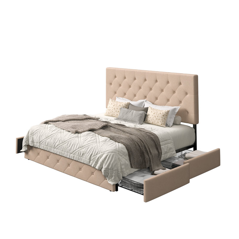 Lit plateforme avec rangement à 4 tiroirs et tête de lit réglable en lin à motif de losanges, Très grand, Beige