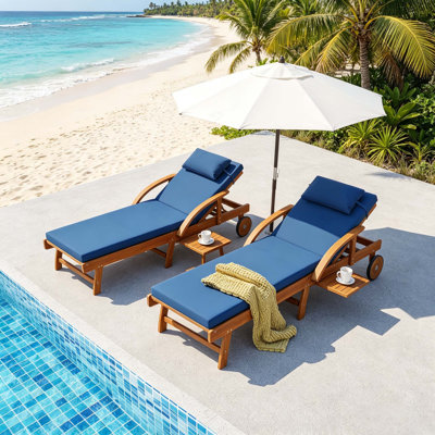 77.5 Inch 2-Piece Acacia Wood Lounge Chair Set, Soft Cushioned Seat, Adjustable Backrest And Leg Support, Built-In Headrest & Retractable Side Tray, Ideal For Patio, Pool, Garden And Beach
