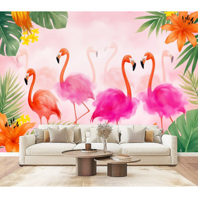 Papier peint adhésif à motif de flamants roses, feuillage tropical, fleurs orange, H 69 po x l 96 po, papier peint amovible en PVC, adhésif pour chambre à coucher, bureau à domicile