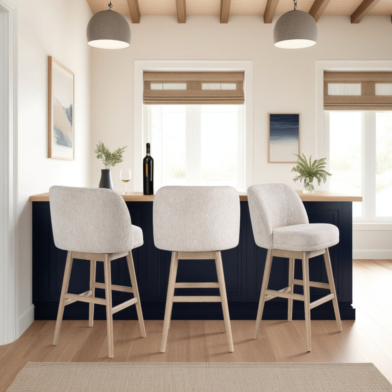 Sadie Solid Wood Upholstered Counter Height Or Bar Height Swivel Barstool With Fabric Seat - Set Of 3, Light Brown, Beige