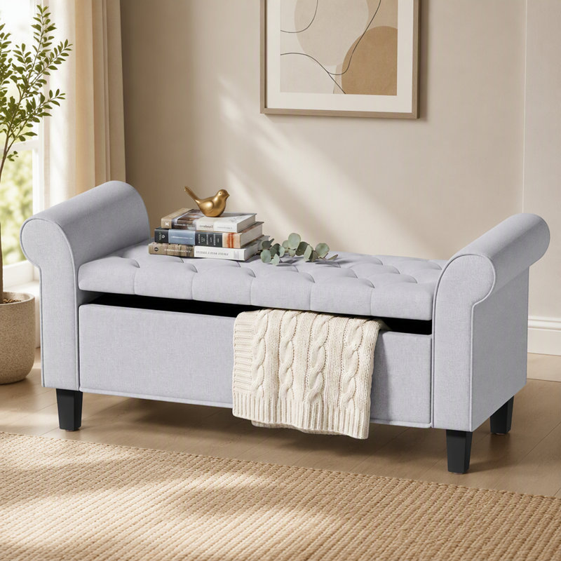 Banc de rangement avec repose-pieds avec siège capitonné et charnière de sécurité, Gris clair