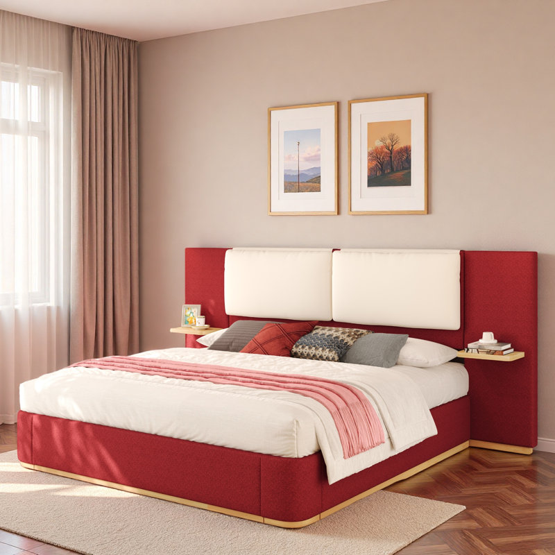 Lit plateforme tapissier avec tablettes, King, Rouge / blanc / bleu marine