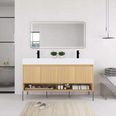 Meuble-lavabo autoportant de 60 pouces avec lavabo en résine, portes à fermeture douce, chêne original