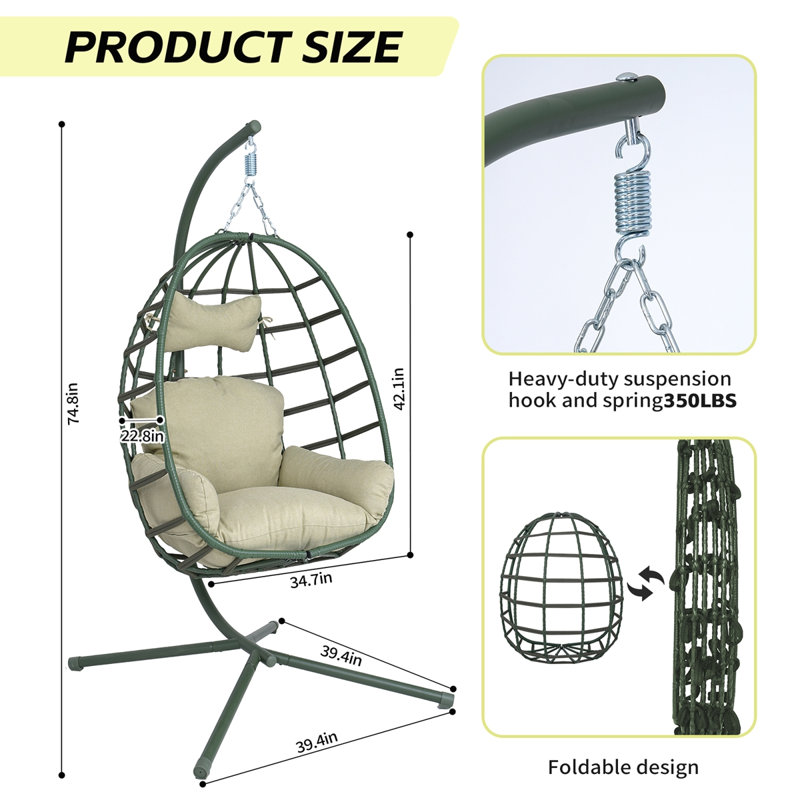 Outdoor PE Rattan Hanging Swing Chair with Heavy-duty Double Rope, Dark Green, Gray