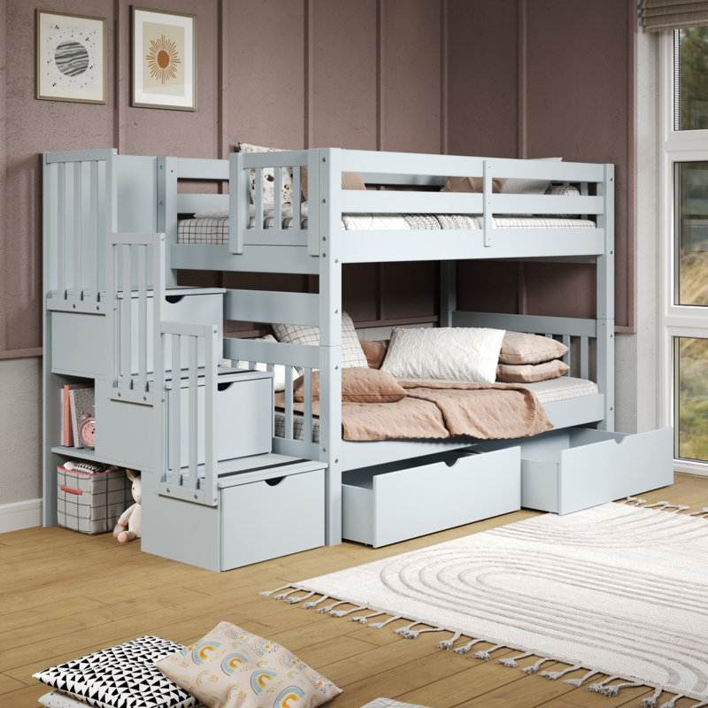 Tena Twin over Twin 3 Drawer Solid Wood Standard Bunk Beds with Stairway & 2 Under Bed Drawers, Blue