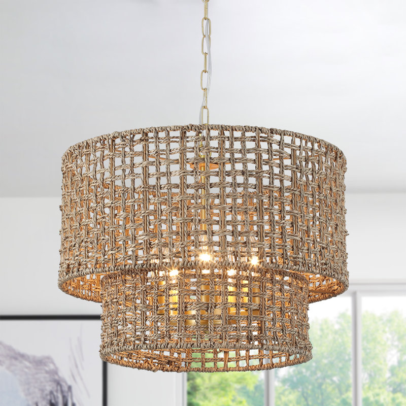 5 - Light Bohemian Natural Rattan Tiered Drum Chandelier with Adjustable Height and Dimmable, Spray Gold, 5