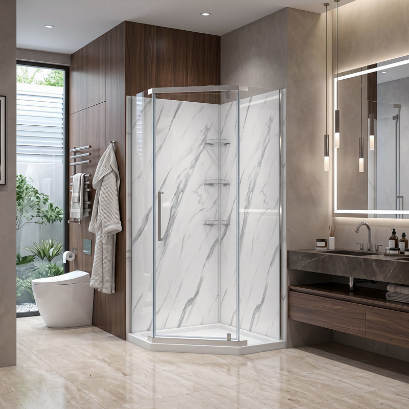 Dreamwerks Capri 38'' W 79'' H Neo Angle Pivot Frameless Corner Shower Kit in Chrome, Chrome
