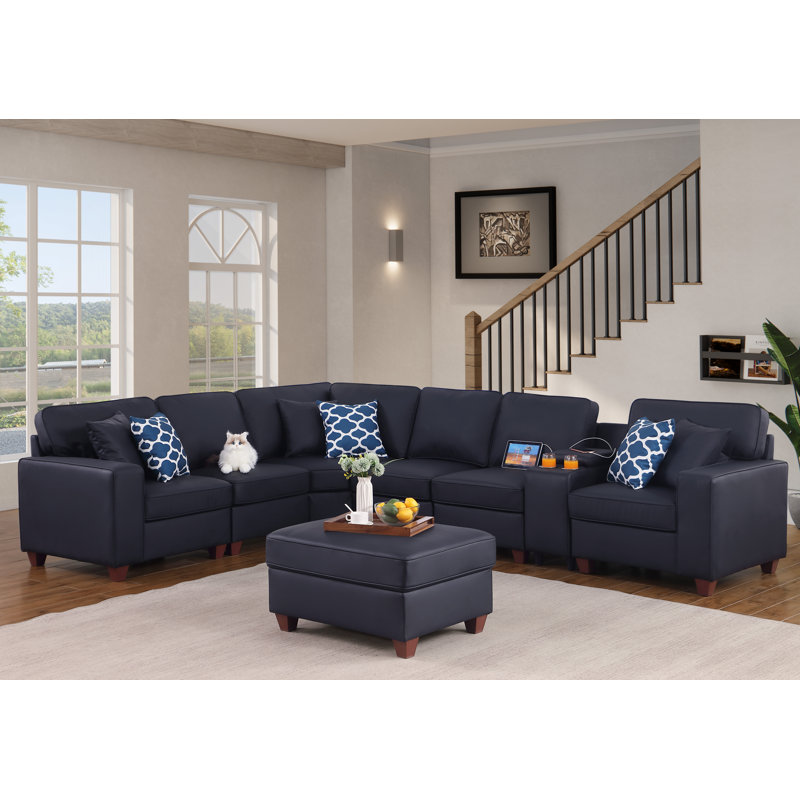Canapé modulaire à accoudoirs carrés 125,25 po, Similicuir noir