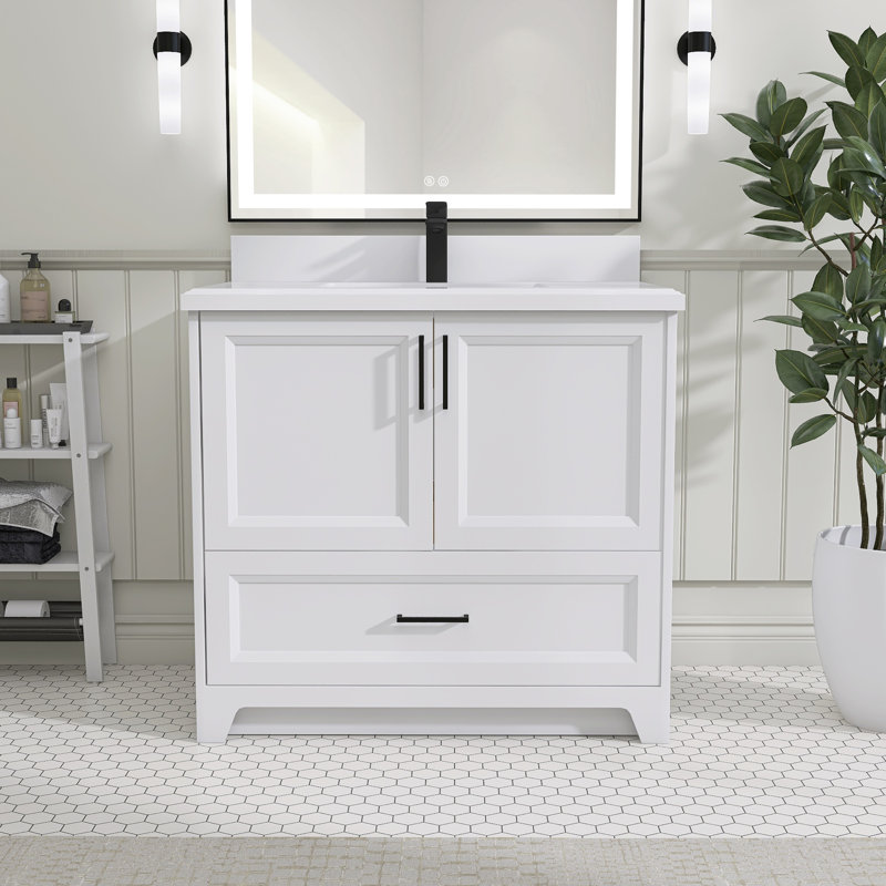 Base de meuble-lavabo simple en bois massif de 36 po seulement, Blanc