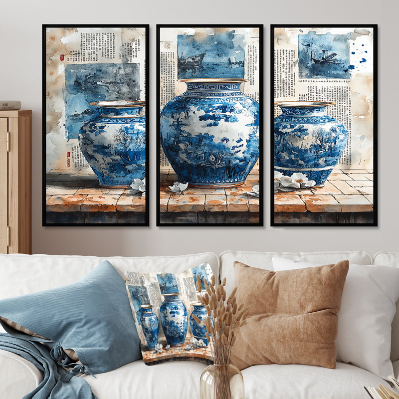 Ensemble de décorations murales China Potery II, Toile avec cadre flottant noir, H 28 po x l 36 po x P 1 po