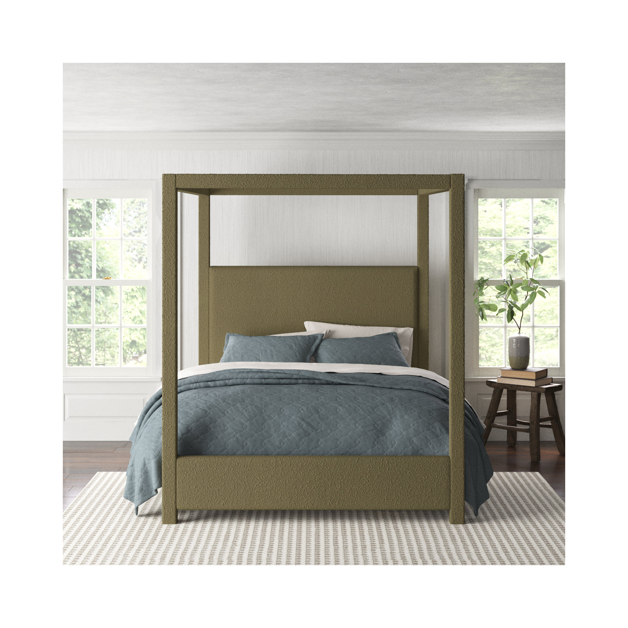 Upholstered Canopy Bed, King, Olive Boucle Fabric
