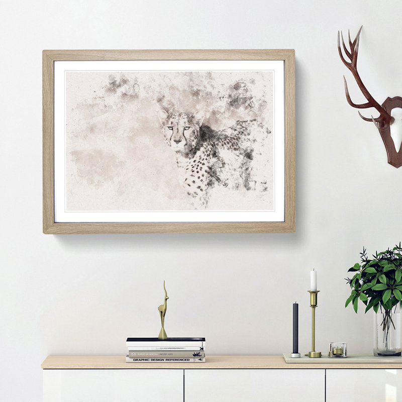 Cheetah with Orange Eyes - Picture Frame Painting Print, Oak Framed, 45cm H x 63cm W x 2cm D