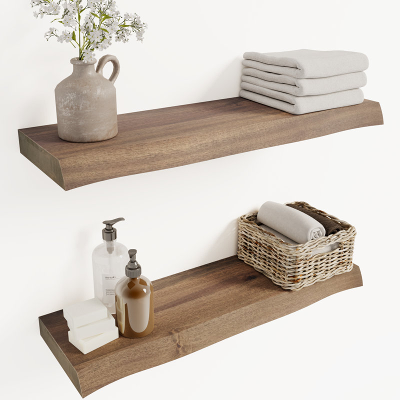 2 Pieces Acacia Solid Wood Live Edge Floating Shelves for Kitchen Wall Decor, Kitchen, Bathroom, Workspace, Dark Walnut 24"x7.5"x1.5"