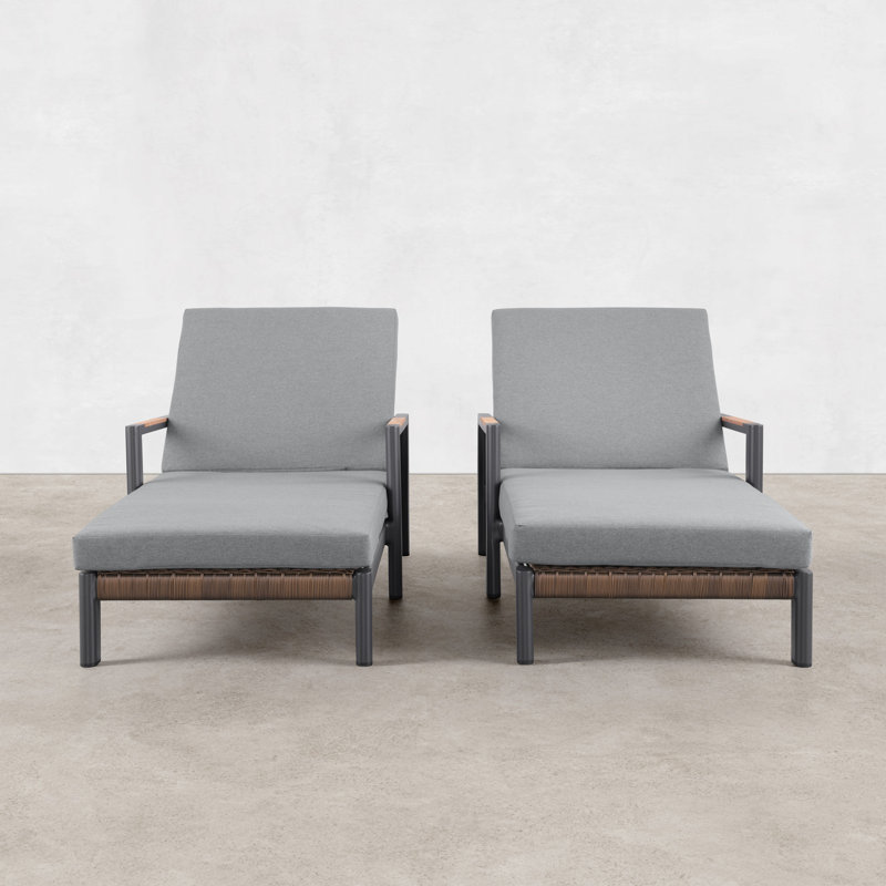 Arlo Teak & Wicker Aluminum Dual-Use Outdoor Chaise Lounge (Set of 2), Slate Black, Gray