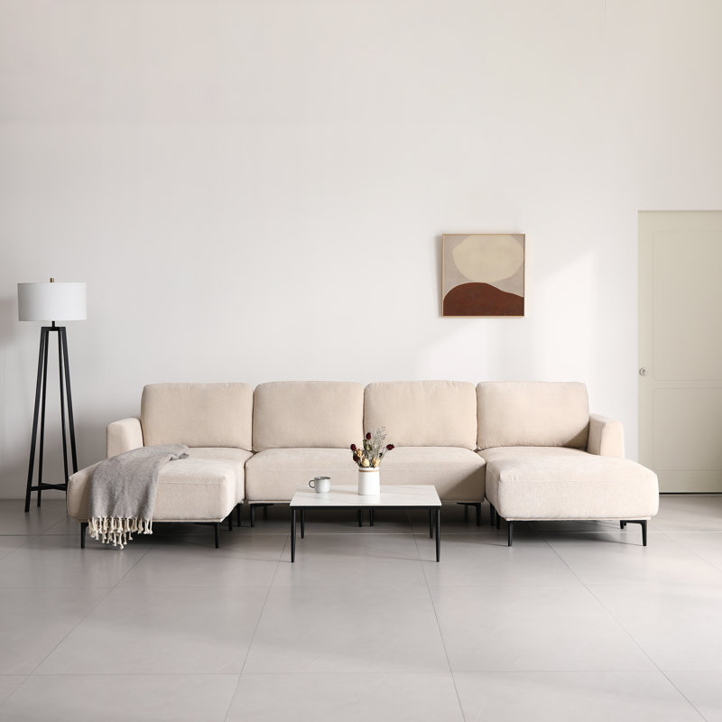 Upholstery Sofa With 2Pcs Stool, Beige, 33" H x 129" W x 71" D, 4