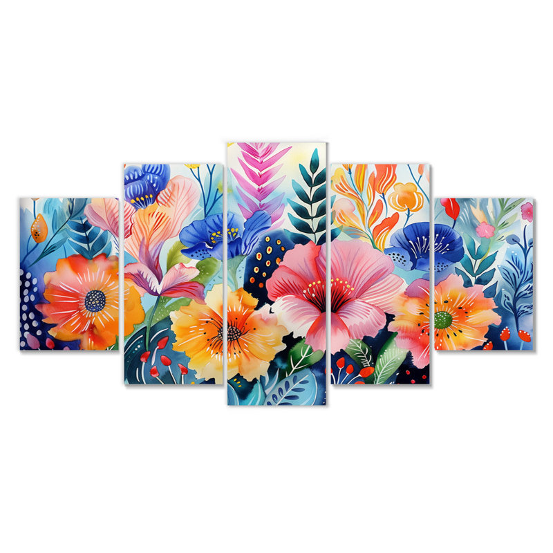 «Pink Blue Flowers Under Water II - Botanicals», ensemble d'art sur toile