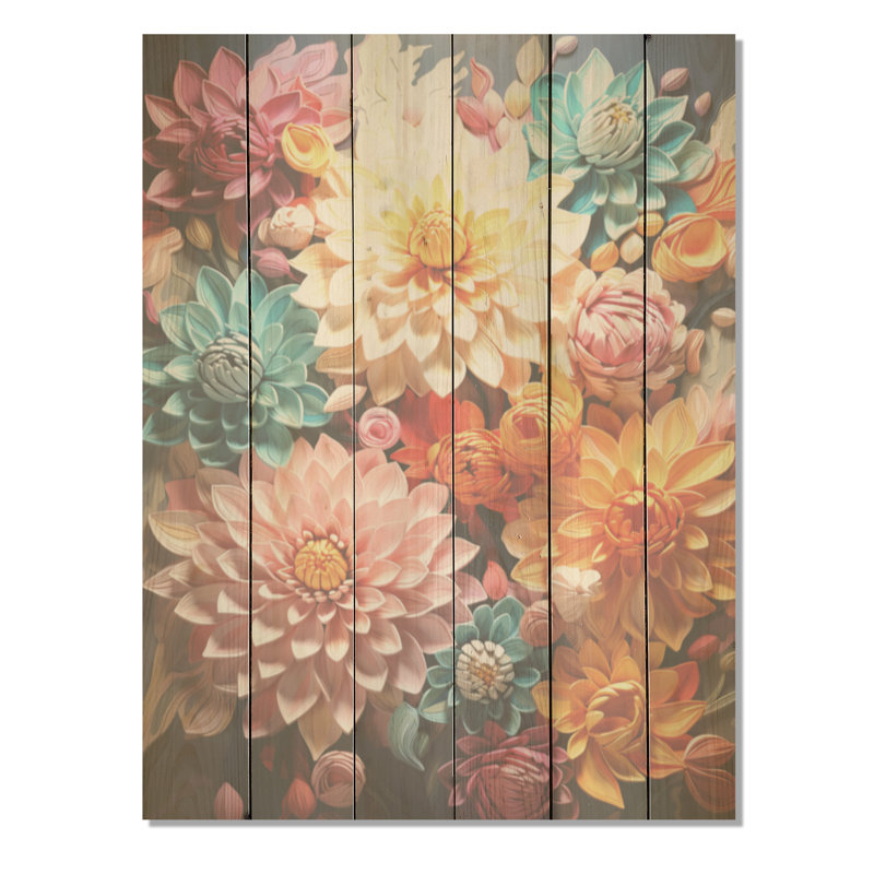 «Mums Intertwine Burst Of Color - Mums», art sur bois de pin naturel, H 40 po x l 30 po