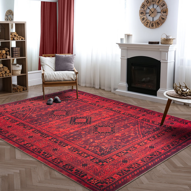  Washable Non-Slip Rug - Red Traditional Bordered Runner for Entryway, Hallway, Bathroom, and Kitchen, Rectangle 5' x 7'