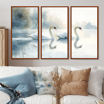 Tranquility Swans On The Lake III - Art mural encadré oiseau - ensemble de 3