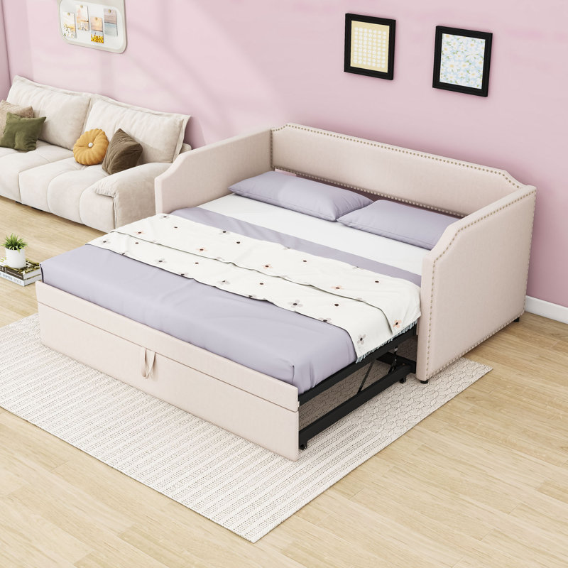 Twin Upholstered Daybed with Pop Up Trundle, Beige