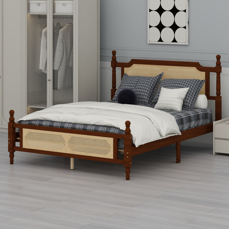 Wooden Bed With Rattan Headboard And Footboard, Walnut