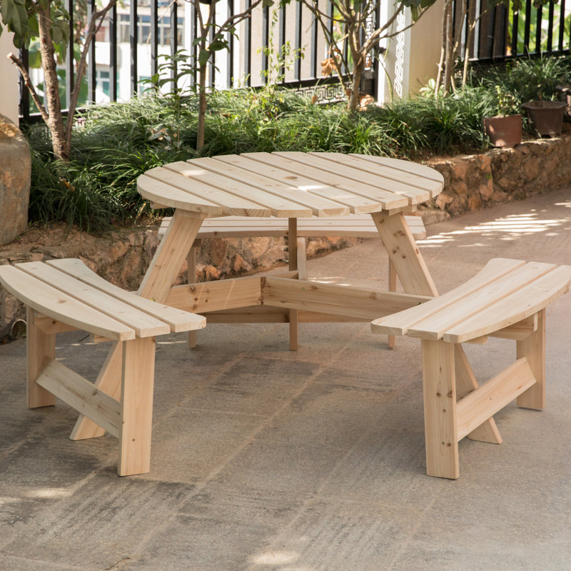 Table de pique-nique circulaire en bois pour 6 personnes avec 3 bancs intégrés Peddie, Naturel