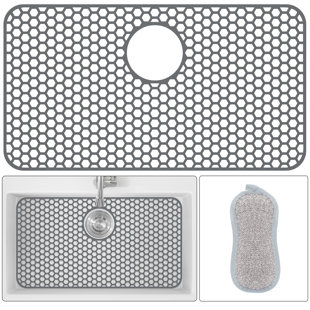 Silicone Sink Protector, 26" x 14" Rear Drain Kitchen Sink Mat for Sink Bottom, Non-Slip and Heat-Resistant, For Farmhouse and Stainless Steel Sinks, With a Scrub Sponge(Rear Hole)