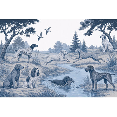 Papier peint bleu Toile Chasse, chiens, paysage, décoration murale amovible