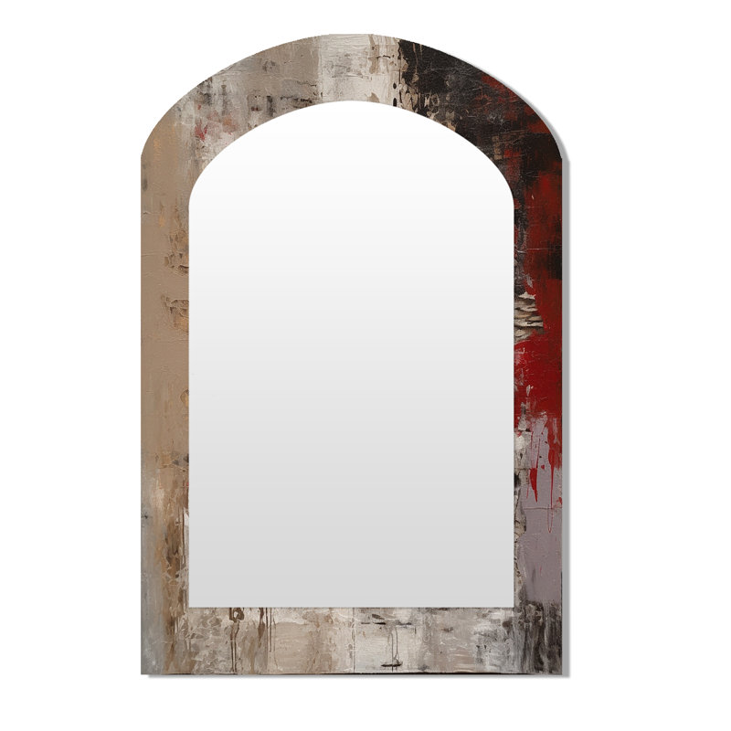 Fading Passion Abstract In Retro Beige And Red I - Abstract Painting Arch Large Mirror, Modern Asymmetrical Decorative Wall Mirror, Printed Metal Art