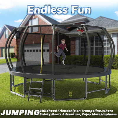 Trampoline d'extérieur 16 pi pour enfants et adultes avec poteaux courbés, revêtement antirouille robuste et homologation ASTM
