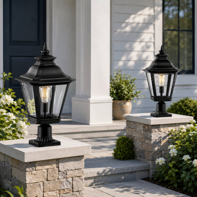 Grand lampadaire extérieur 21 po, structure en métal avec abat-jour en verre transparent, lampadaire noir pour barrière, clôture, jardin, allée et allée