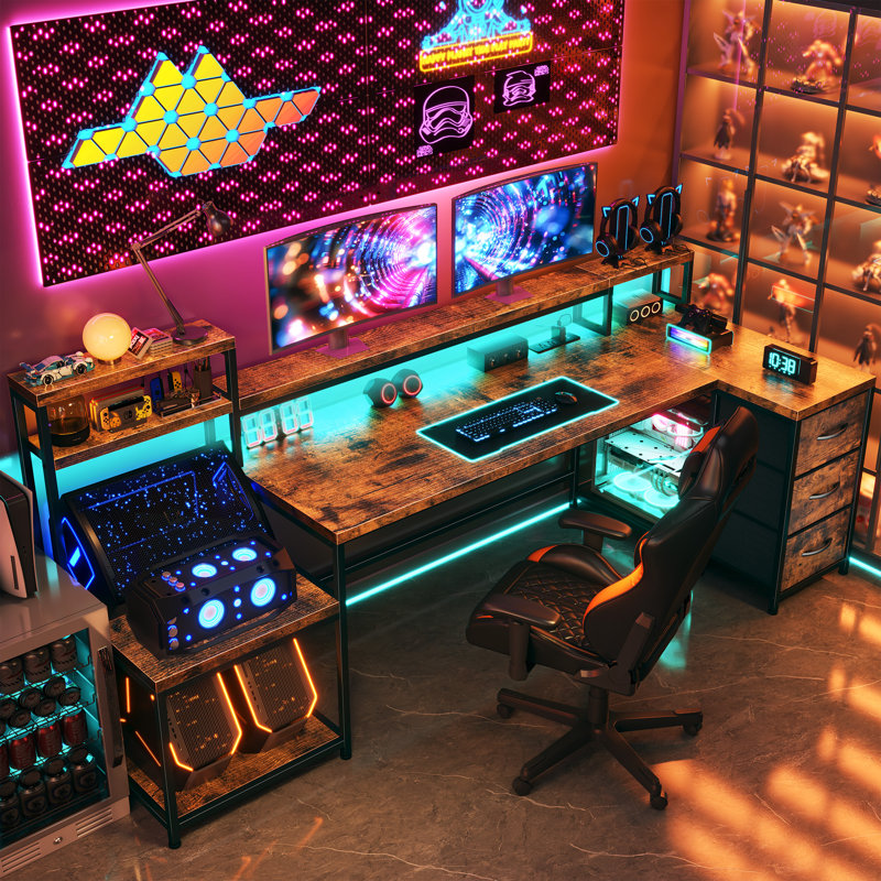 71"w Led L-shaped Computer Desk,gaming Desk With Power Outlet,home Office Desk With Monitor Stand, Brown