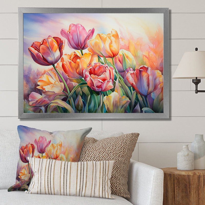 Tulipes au coucher du soleil II sur toile, H 24 po x l 32 po x P 1 po, Cadre simple argenté