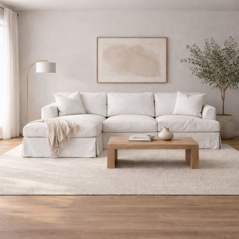 Lucia 128" Wide Slipcovered Sofa & Chaise, Cruise Adrift Woven Stripe, Right Hand Facing
