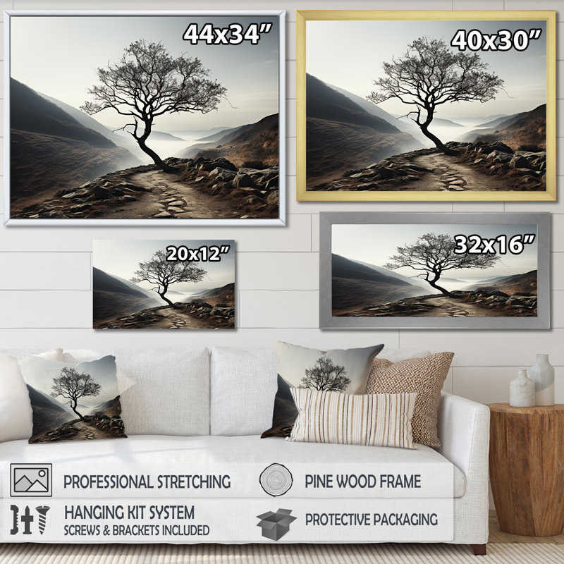 Charme de montagne arbre minimaliste, Cadre naturel flottant, H 30 po x l 40 po x P 1,5 po