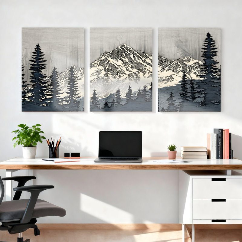 Ensemble de 3 tableaux sur toile représentant un paysage de montagne avec des pins et des sommets enneigés.