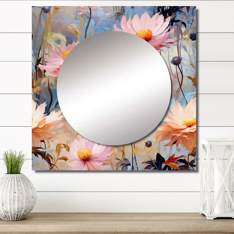 Motif botanique de jardin rose avec motif floral de grand miroir mural pour chambre à coucher, 23 po x 23 po
