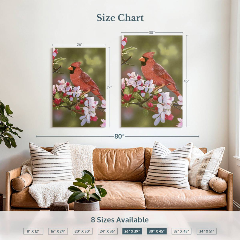 Brampt Cardinal With Apple Blossoms, 39" H x 26" W