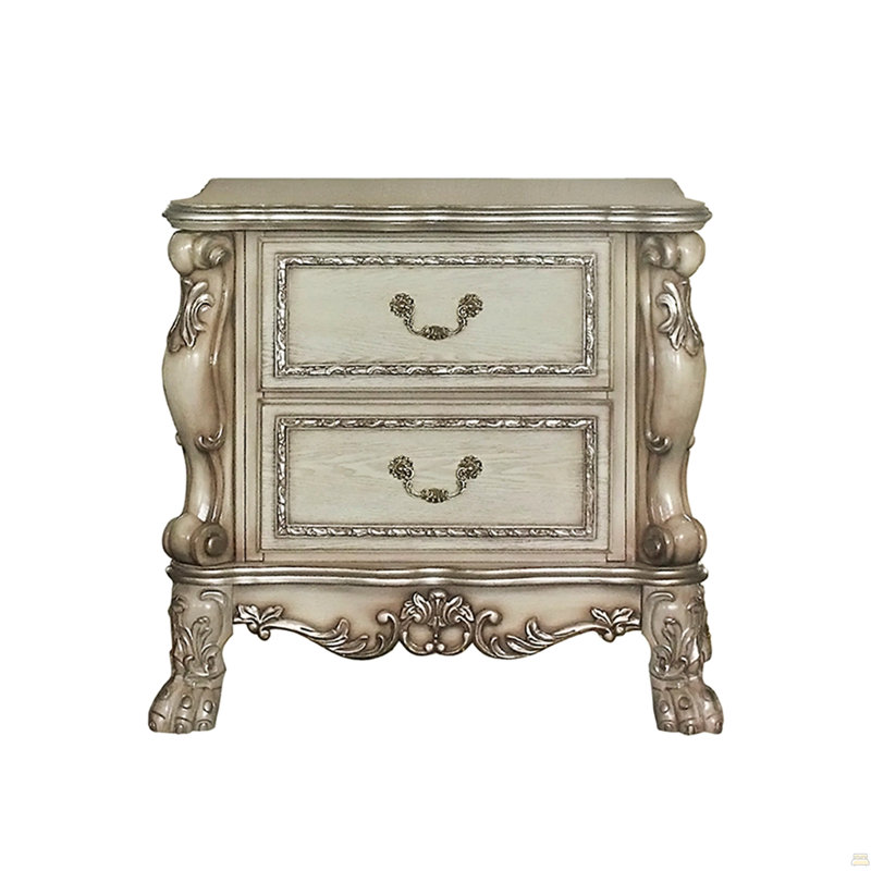 2 Drawers Poplar Wood Nightstand, Gold/Ivory