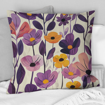 Purple Orange Retro Floral Blooms - Midcentury Throw Pillow