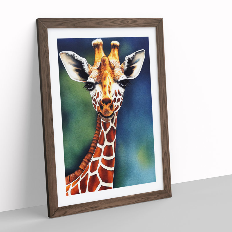 Happy Giraffe - Single Picture Frame Painting, 64cm H x 46cm W x 2cm D, Walnut
