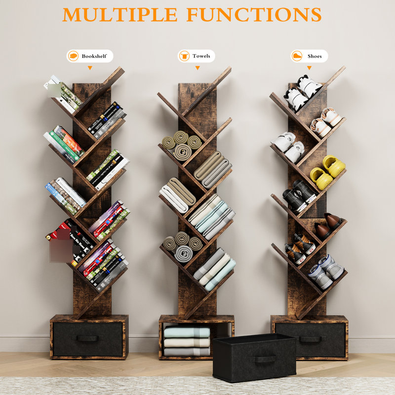Modern Bookcase With 9 Tier Shelves And Drawer, Contemporary Look Design