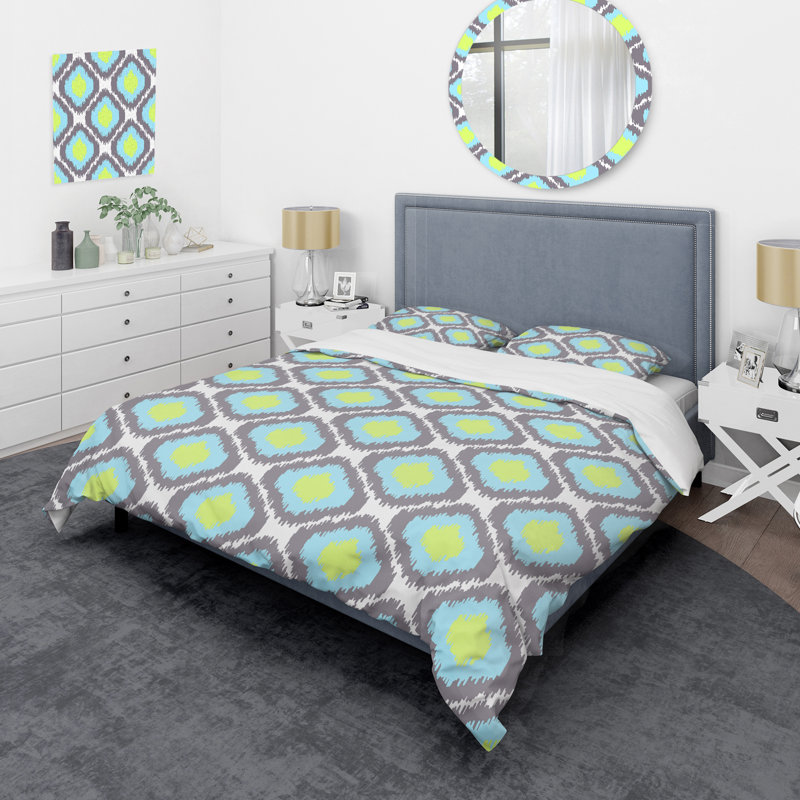 Ensemble de housse de couette à motif ikat gris et bleu, Housse de couette simple + 1 taie décorative stan